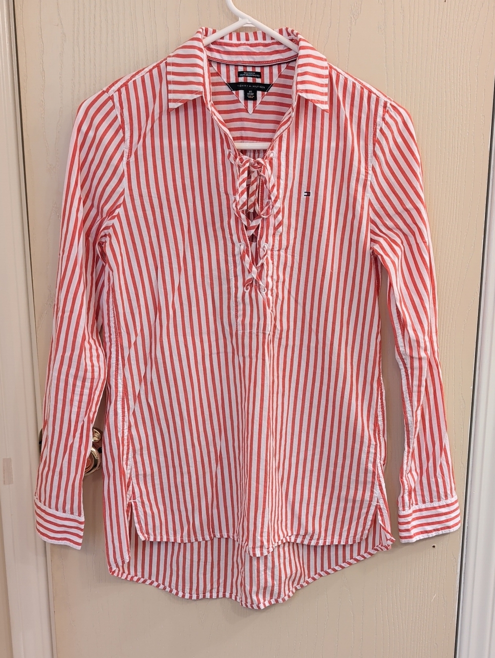 Tommy Hilfiger Red White Striped Lace-Up V-Neck Button Front Shirt Size XS